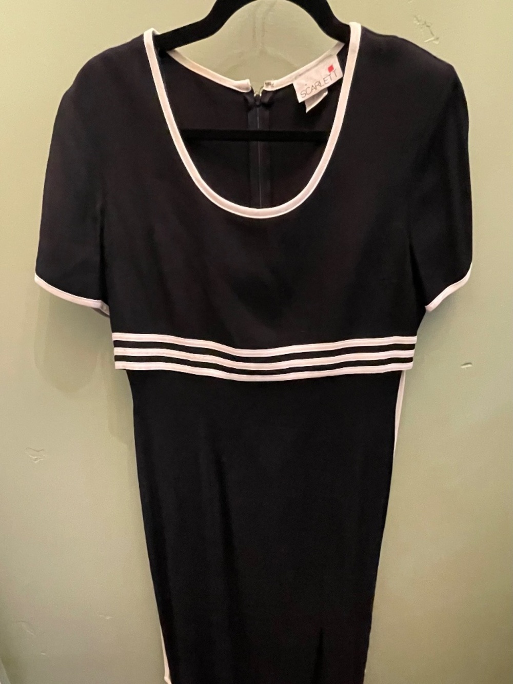 Vintage Scarlett Black Dress White Piping Front Slit Y2K Made in USA size 7/8